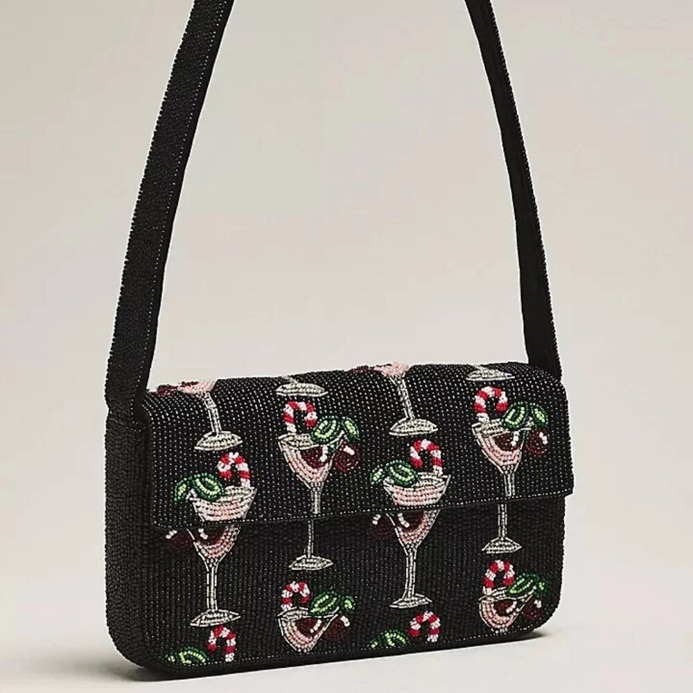 ANTHROPOLOGIE FIONA BEADED BAG  FOOD & DRINK EDITION Black Cherry Cocktail